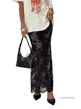 Sheer Lace Maxi Skirt Y2K High Low Mermaid Hem Bodycon Long Skirt Streetwear